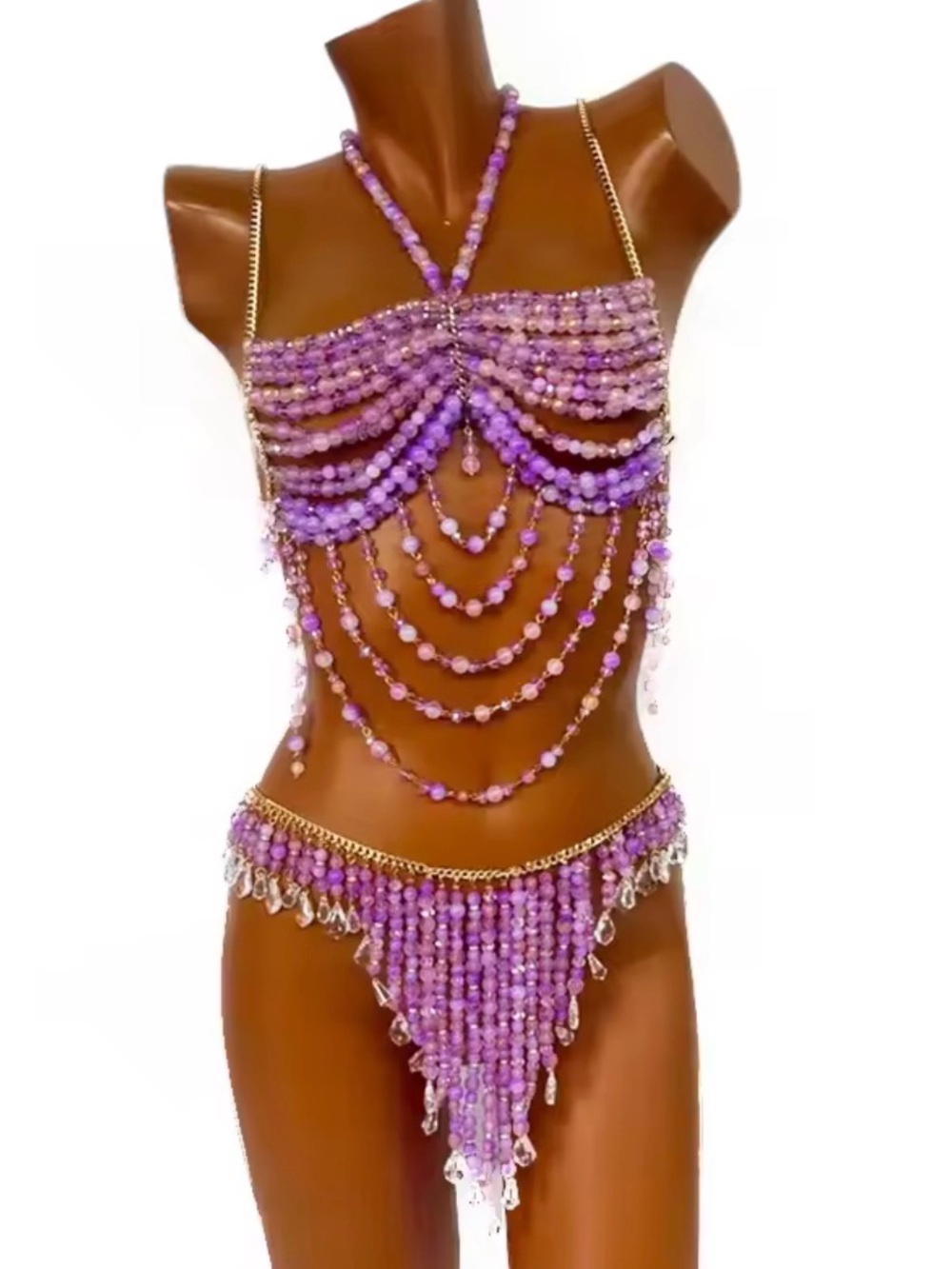 Purple Beaded Festival Body Chain Set – Top & Belt Skirt
